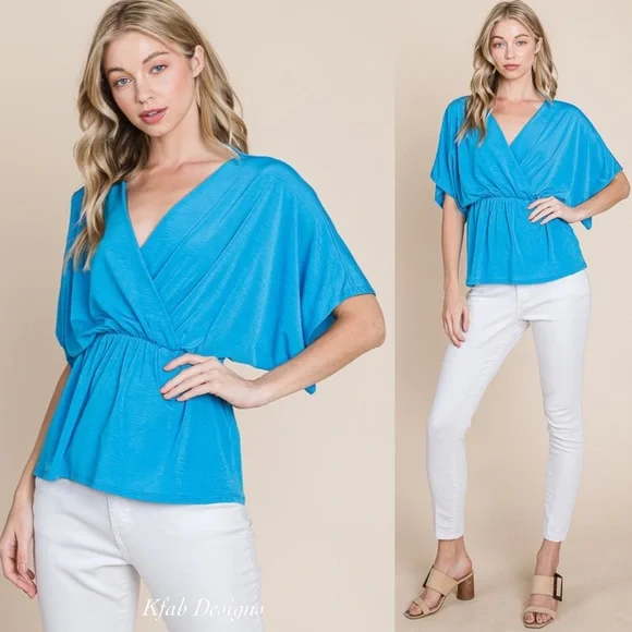 ❤️LAST! V Neck Wrap Front Cinched Elasticized Waist Ocean Blue Multi Use Top - Picture 2 of 6